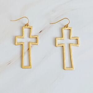 Dangle Cross Outlined Earrings Gold Tone